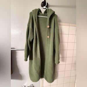 Extra Long Olive Green Cozy Hooded Knit Cardigan Sweater